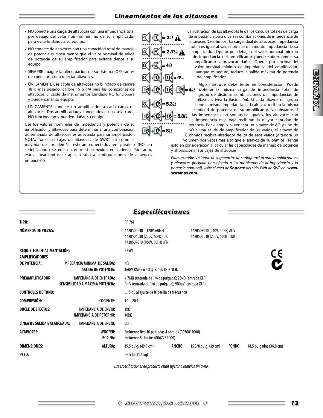 SWR Sound Spellbinder Blue manual Lineamientos de los altavoces, Especificaciones 