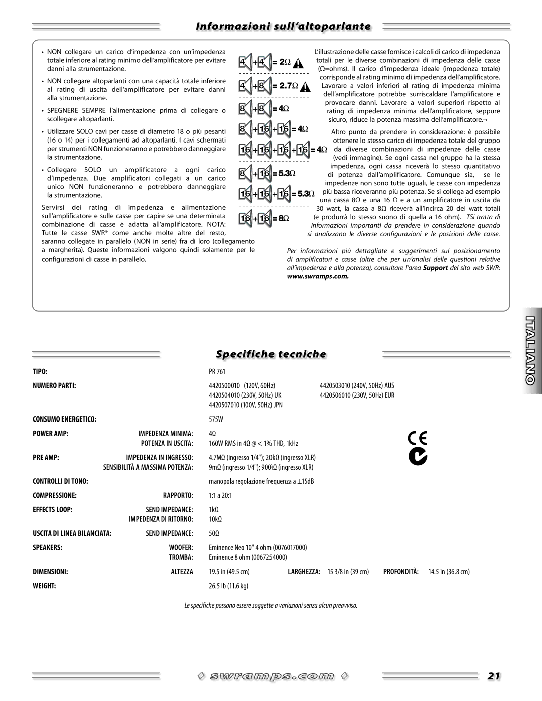 SWR Sound Spellbinder Blue manual Informazioni sull’altoparlante, Specifiche tecniche 