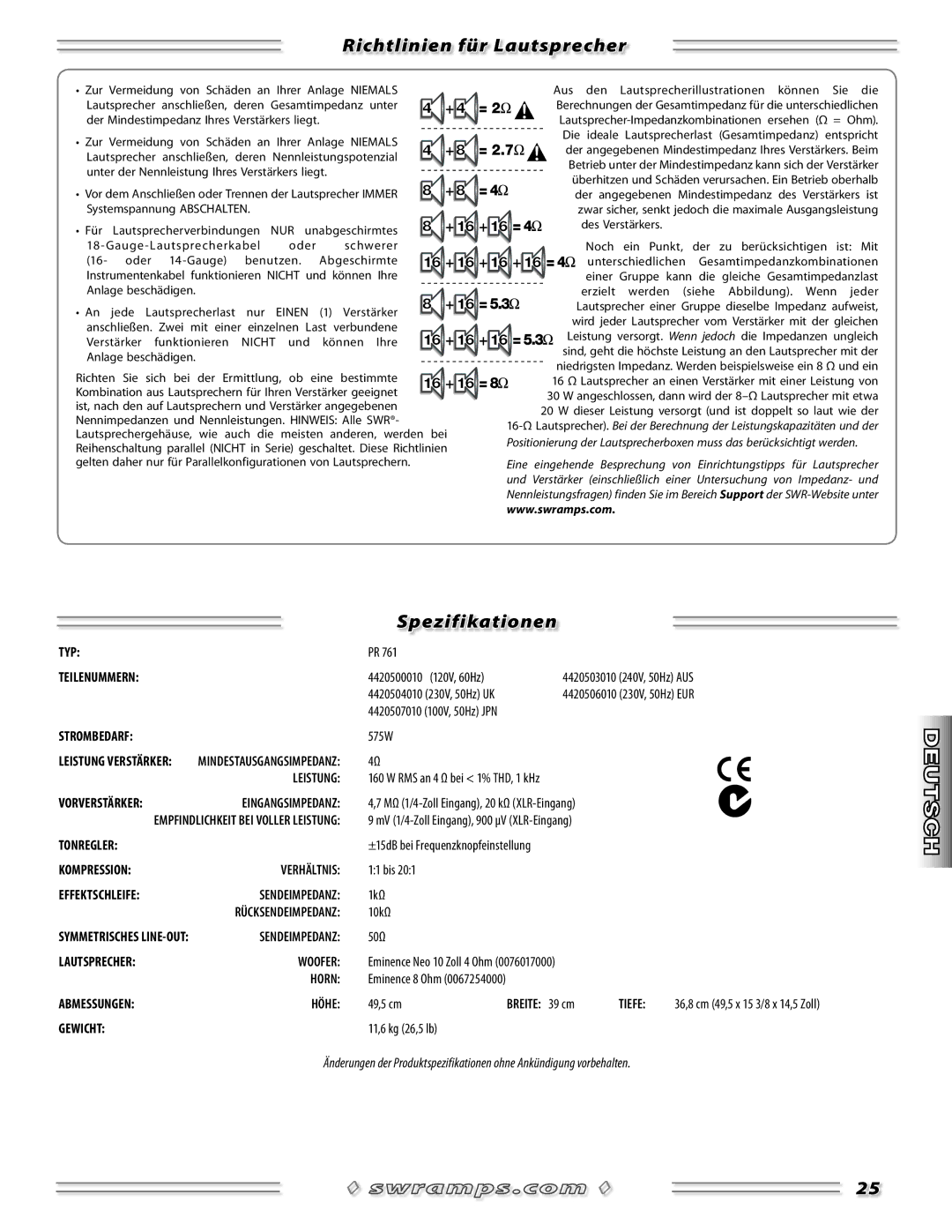 SWR Sound Spellbinder Blue manual Richtlinien für Lautsprecher, Spezifikationen 