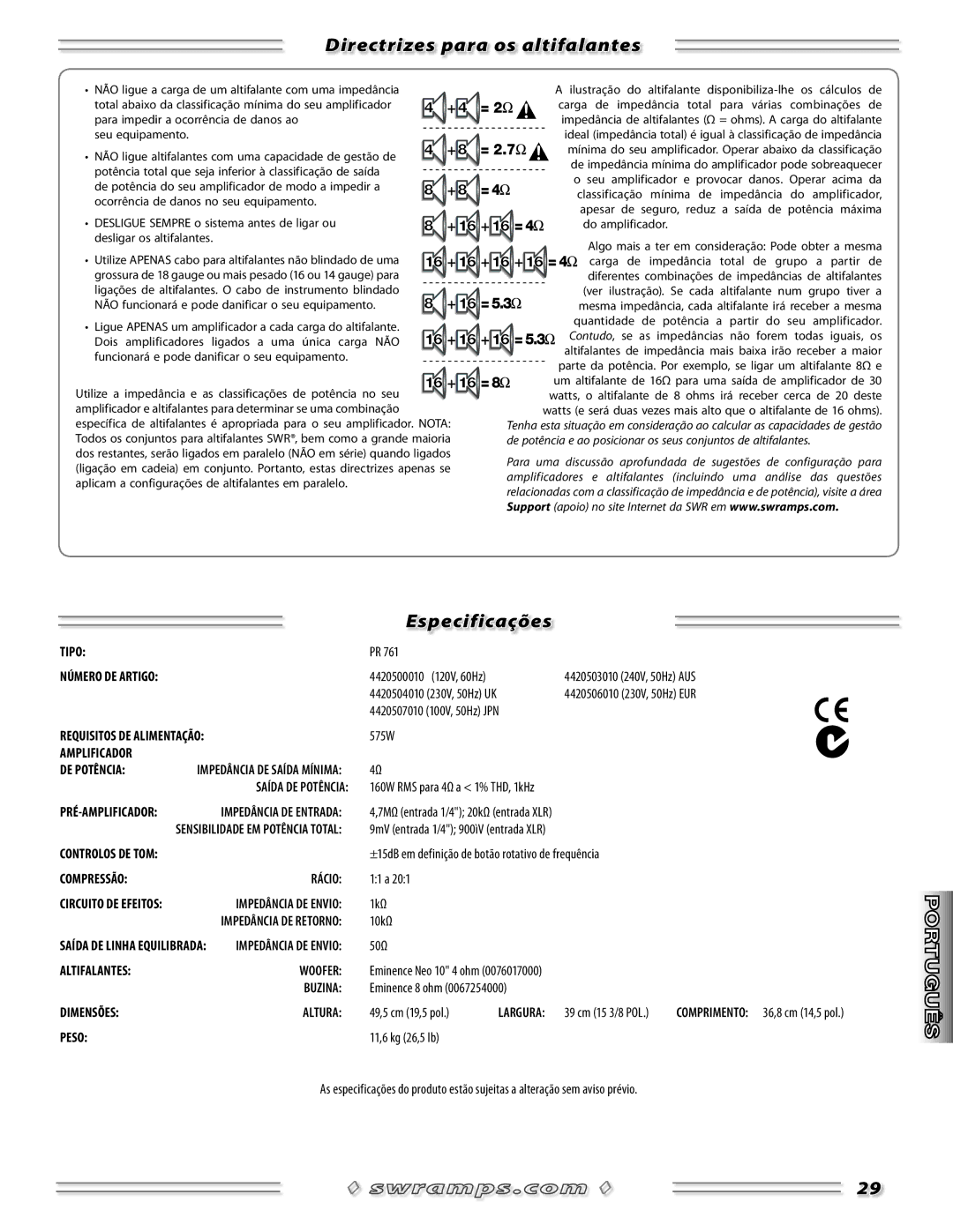 SWR Sound Spellbinder Blue manual Directrizes para os altifalantes, Especificações 