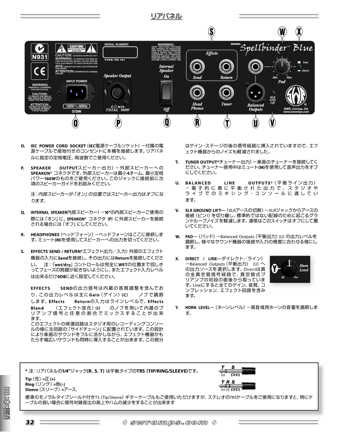 SWR Sound Spellbinder Blue manual Balanced Line Outputs*（ 平 衡 ラ イ ン 出 力 ）, Tip（先）=正 + Ring（リング）=負 Sleeve（スリーブ）=アース 