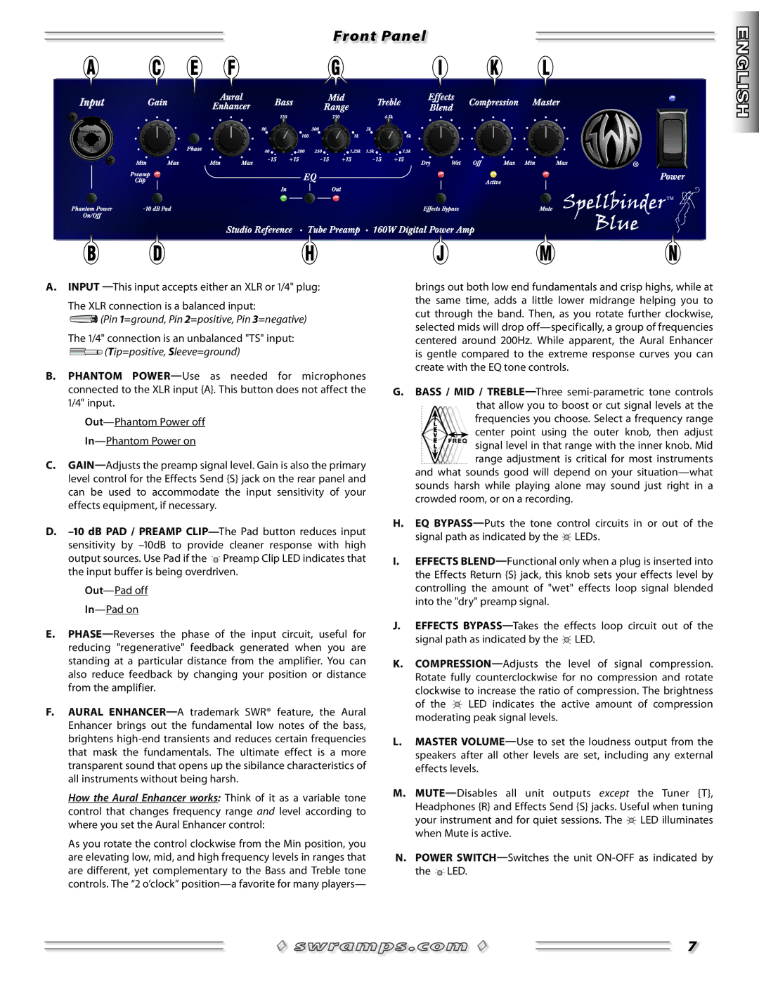 SWR Sound Spellbinder Blue manual Front Panel, Tip=positive, Sleeve=ground 