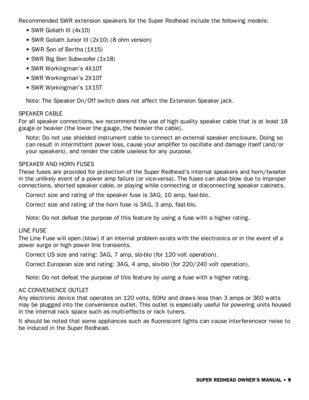 SWR Sound Super Redhead owner manual Speaker Cable, Speaker and Horn Fuses, Line Fuse, AC Convenience Outlet 