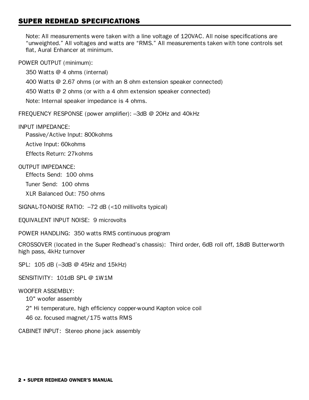 SWR Sound owner manual Super Redhead Specifications, Input Impedance, Output Impedance 