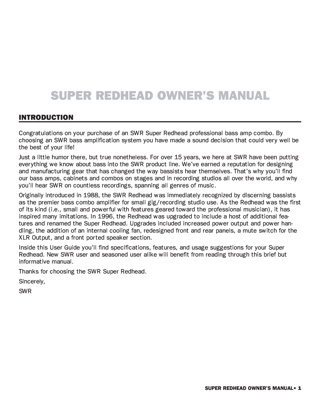 SWR Sound Super Redhead owner manual Introduction 