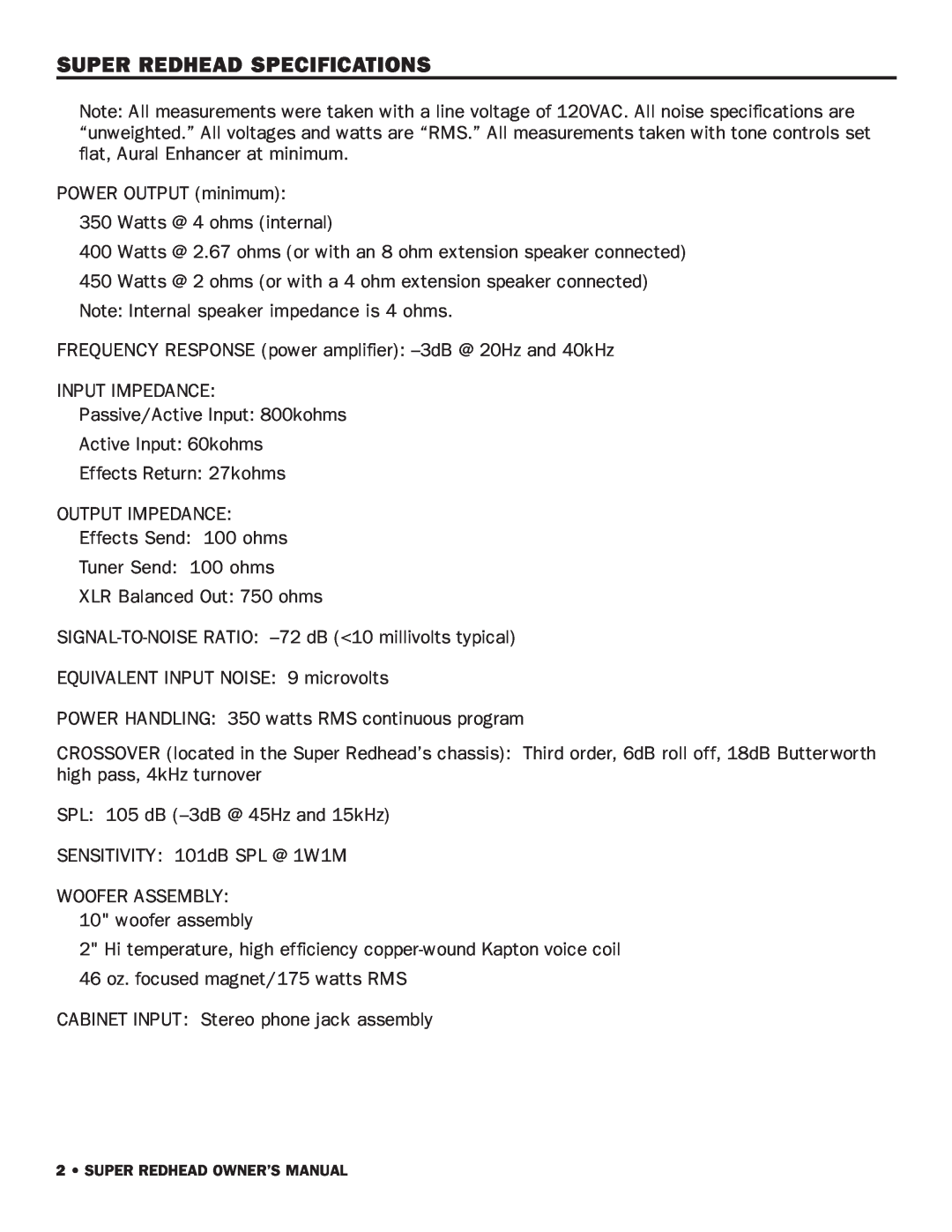 SWR Sound owner manual Super Redhead Specifications 
