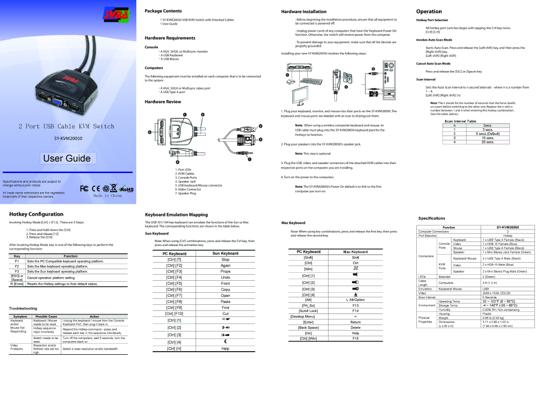 Syba Tech SY-KVM20050 manual Operation, Hotkey Conguration 