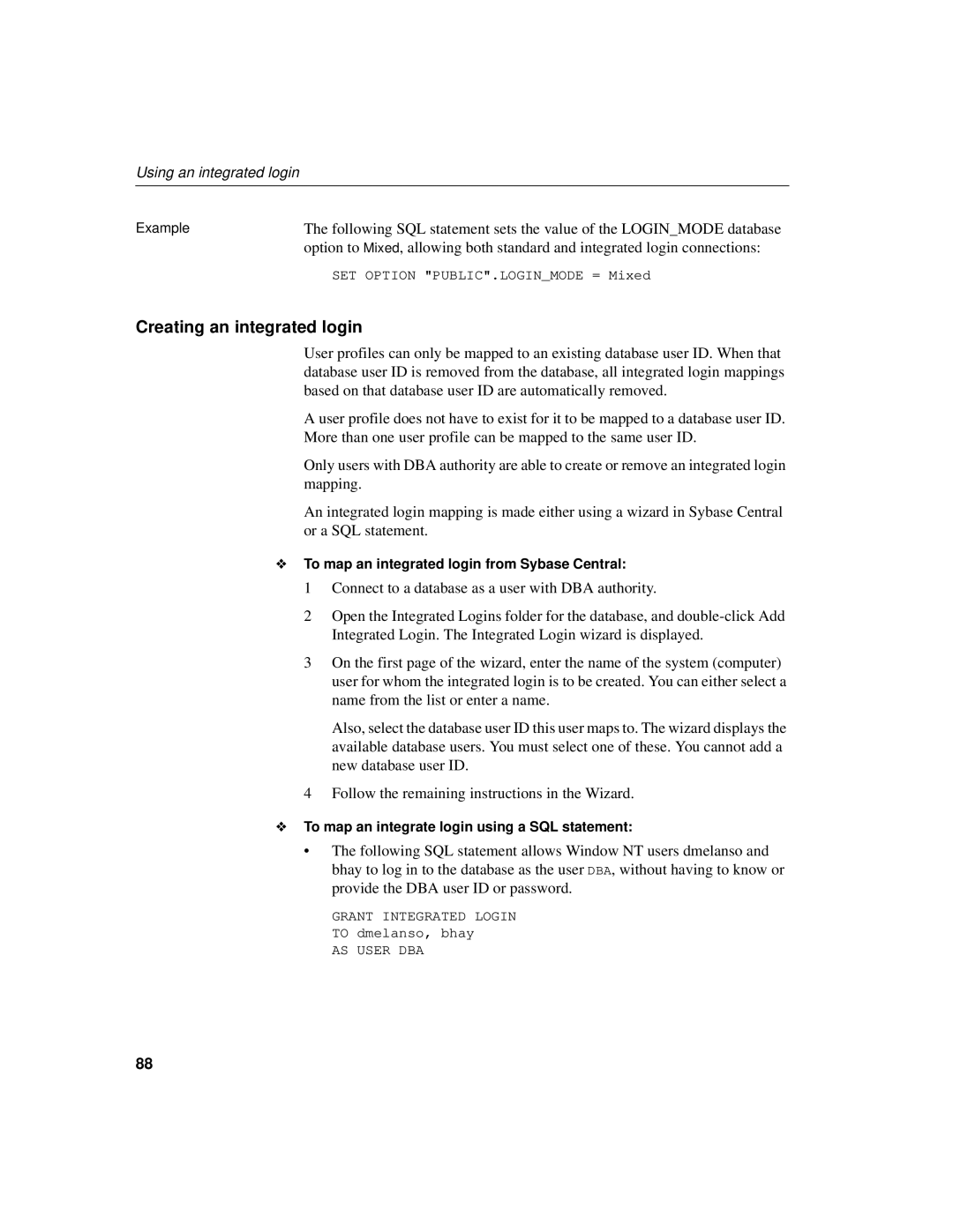 Sybase 12.4.2 manual Creating an integrated login, To map an integrated login from Sybase Central 