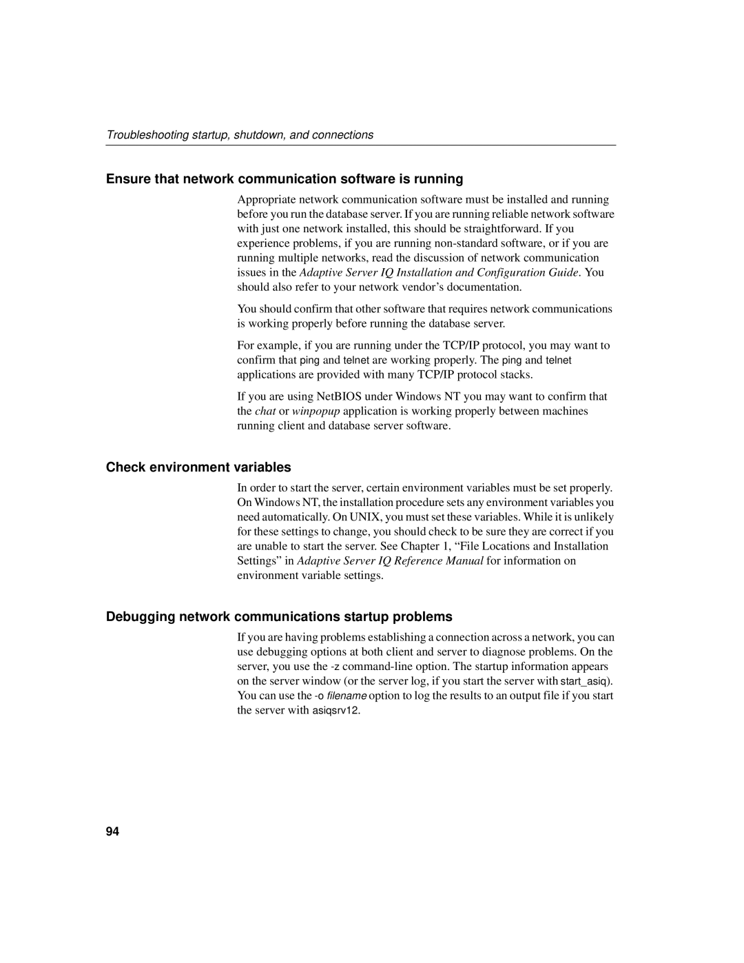 Sybase 12.4.2 manual Ensure that network communication software is running, Check environment variables 