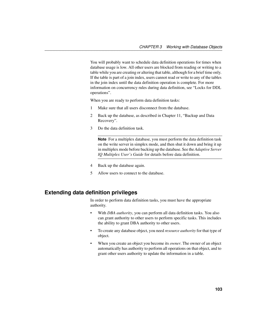 Sybase 12.4.2 manual Extending data definition privileges, 103 