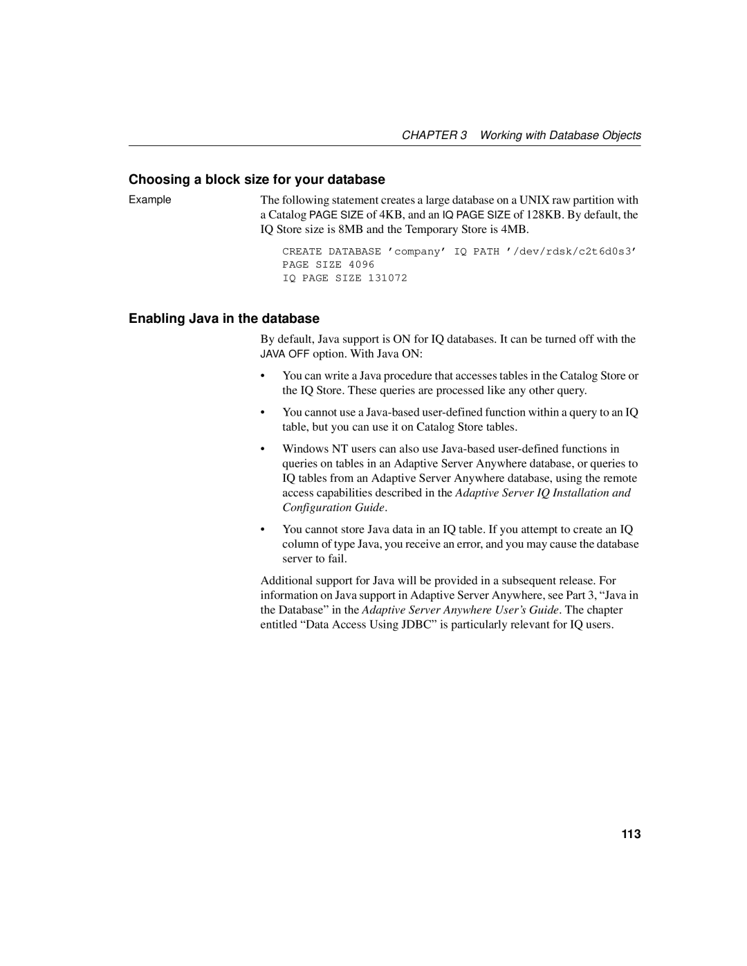 Sybase 12.4.2 manual Choosing a block size for your database, Enabling Java in the database, 113 