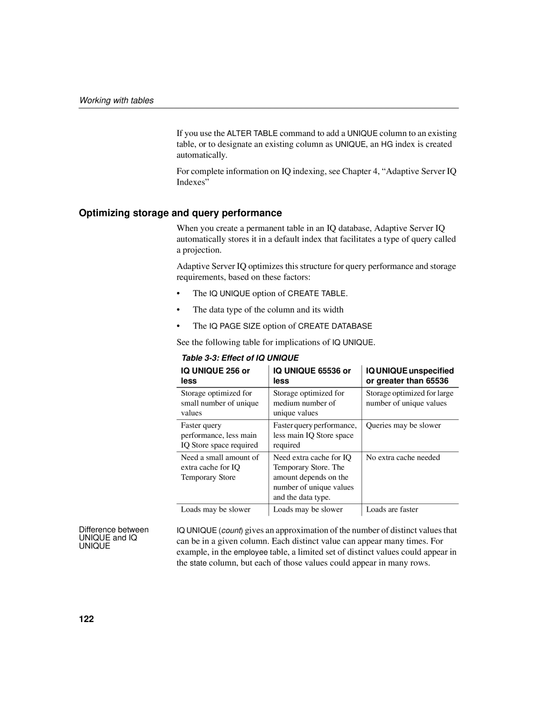 Sybase 12.4.2 Optimizing storage and query performance, Data type of the column and its width, 122, Effect of IQ Unique 