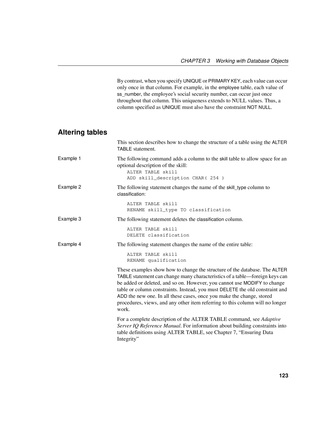 Sybase 12.4.2 manual Altering tables, 123 