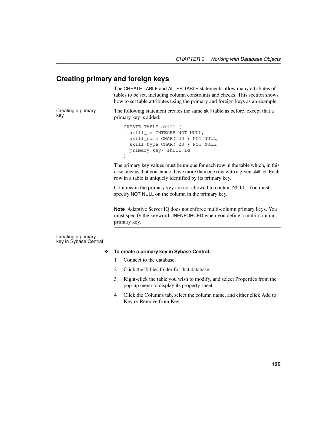 Sybase 12.4.2 manual Creating primary and foreign keys, 125, To create a primary key in Sybase Central 