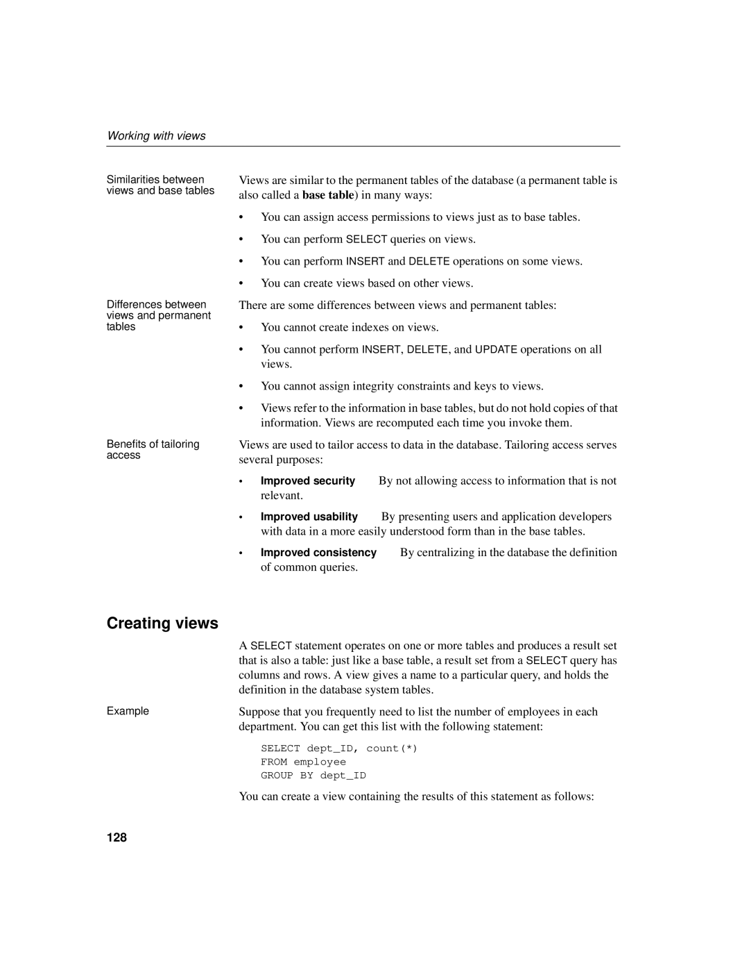 Sybase 12.4.2 manual Creating views, Working with views, Definition in the database system tables, 128 