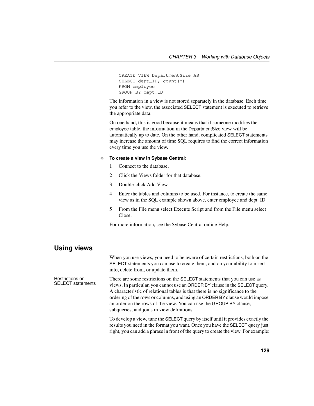 Sybase 12.4.2 manual Using views, 129, To create a view in Sybase Central 