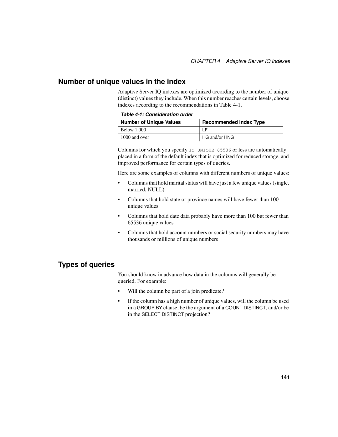 Sybase 12.4.2 manual Number of unique values in the index, Types of queries, 141 