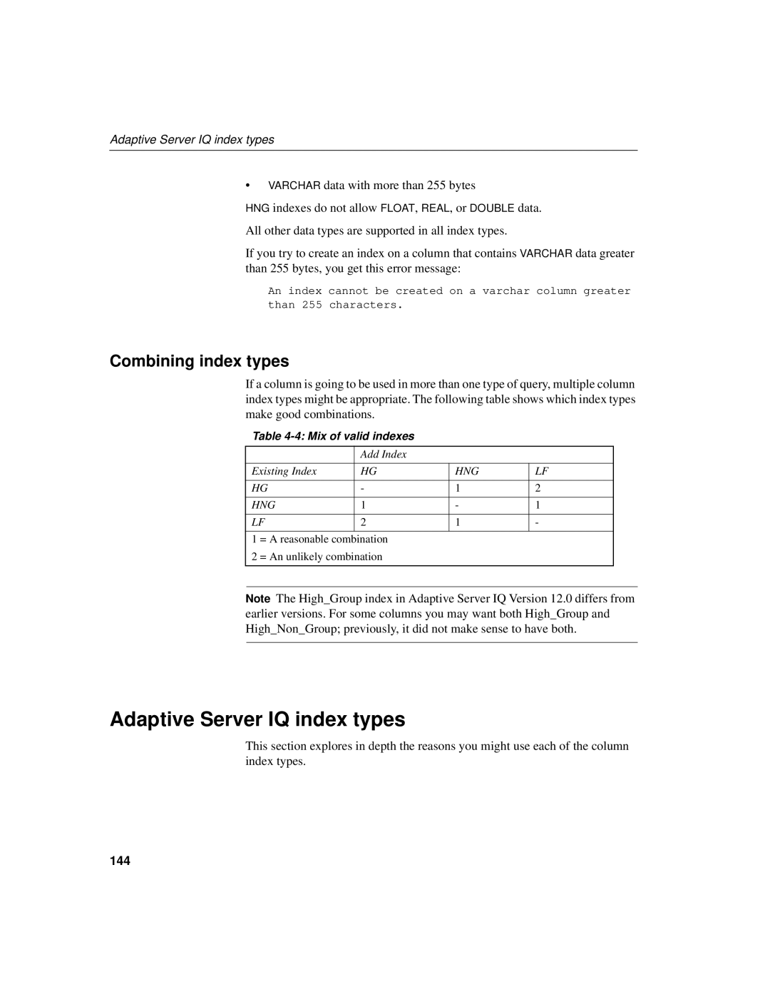 Sybase 12.4.2 manual Adaptive Server IQ index types, Combining index types, 144, Mix of valid indexes 