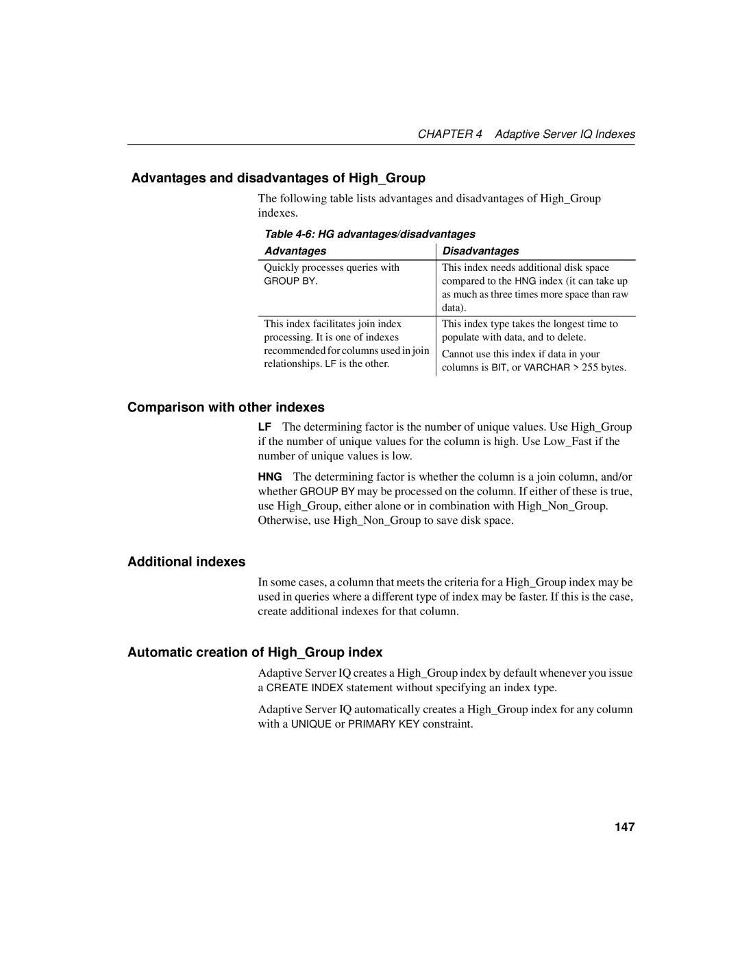 Sybase 12.4.2 manual Advantages and disadvantages of HighGroup, Automatic creation of HighGroup index, 147 