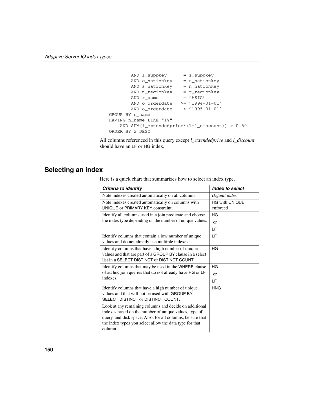 Sybase 12.4.2 manual Selecting an index, 150, Criteria to identify Index to select 