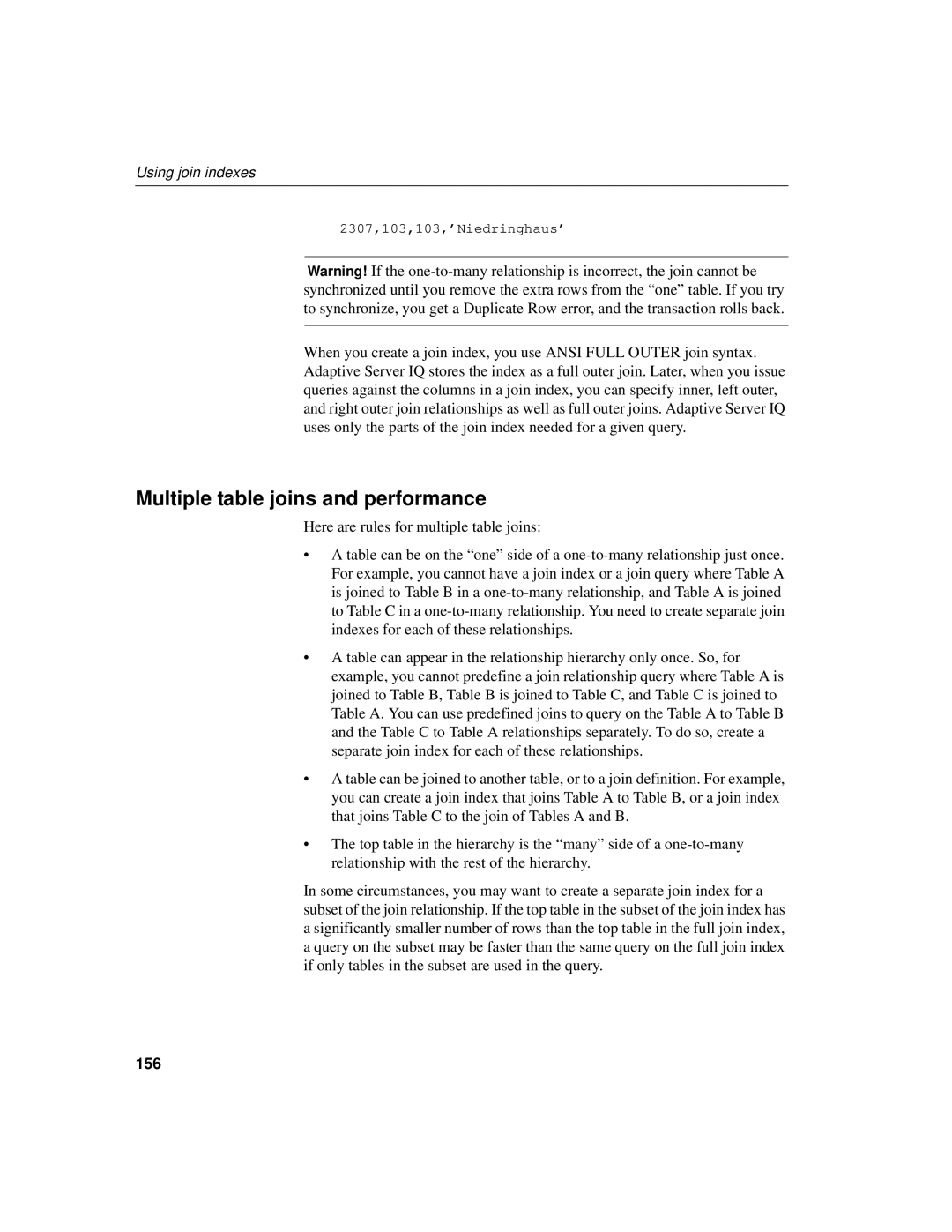 Sybase 12.4.2 manual Multiple table joins and performance, 156 