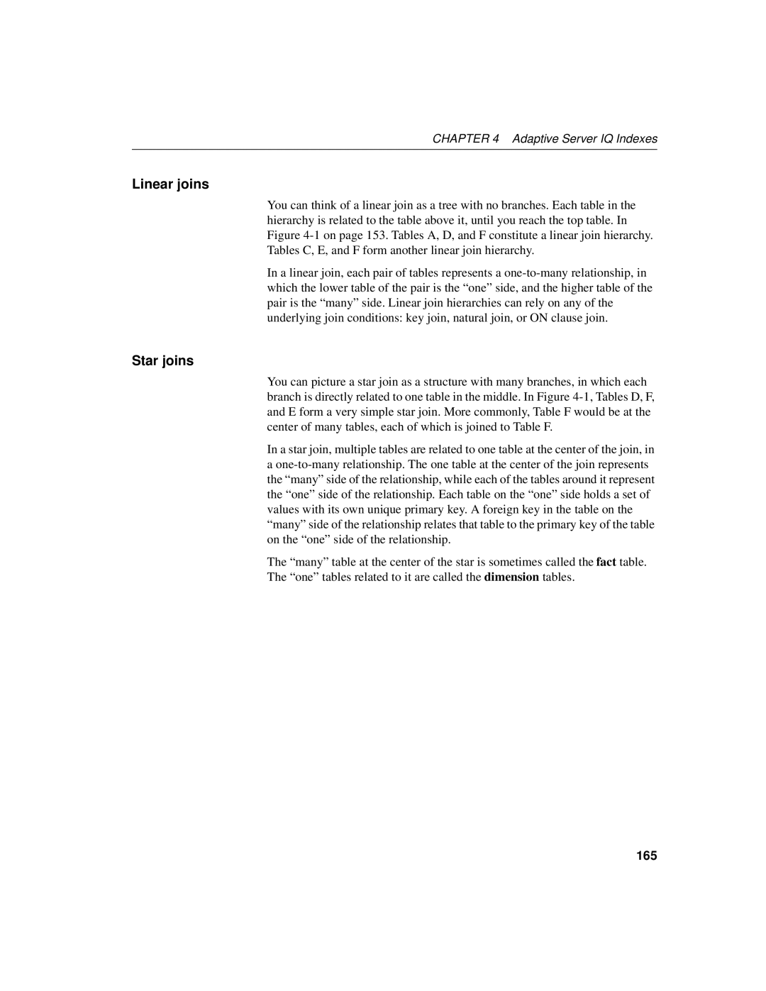 Sybase 12.4.2 manual Linear joins, Star joins, 165 
