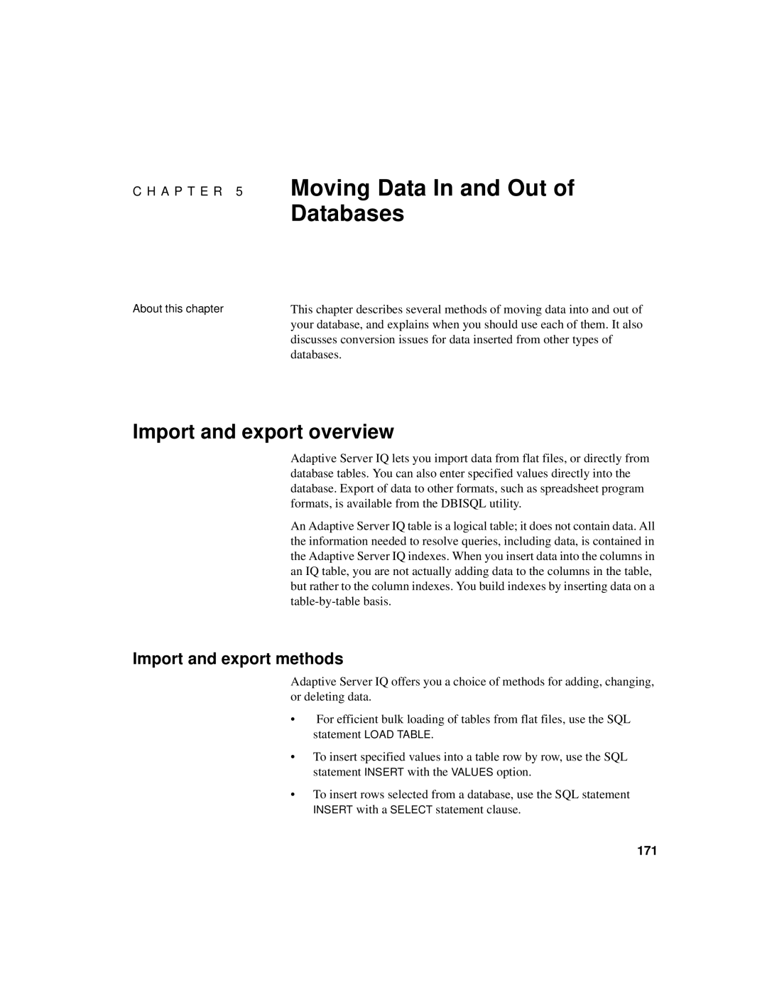 Sybase 12.4.2 manual Import and export overview, Import and export methods, Databases, 171 