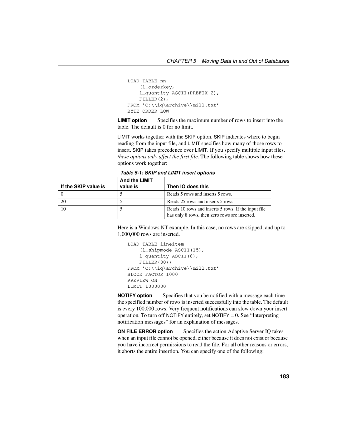 Sybase 12.4.2 manual Specifies the maximum number of rows to insert into, Table. The default is 0 for no limit, 183 