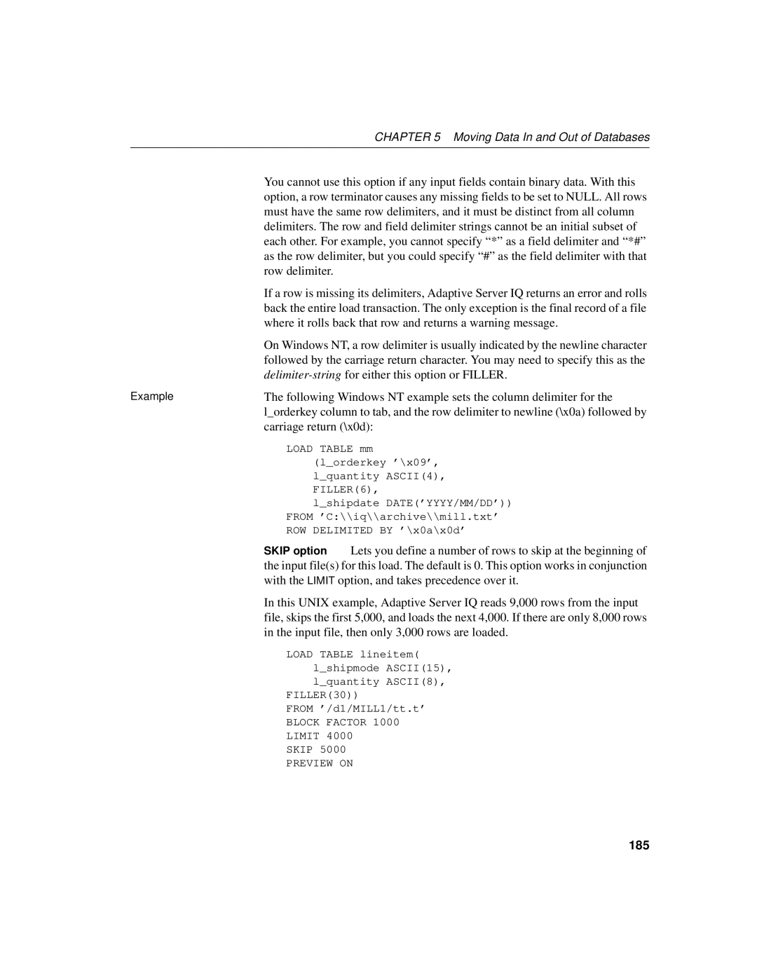 Sybase 12.4.2 manual Following Windows NT example sets the column delimiter for, Carriage return \x0d, 185, Skip option 