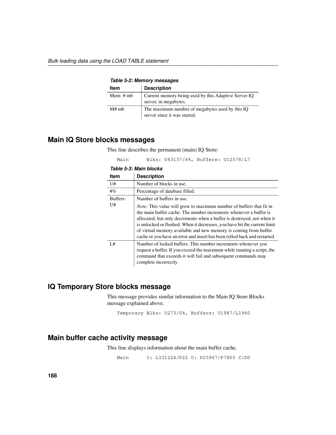 Sybase 12.4.2 Main IQ Store blocks messages, IQ Temporary Store blocks message, Main buffer cache activity message, 188 