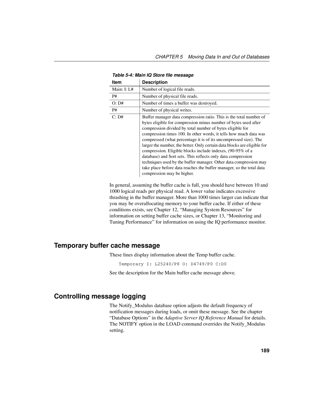 Sybase 12.4.2 manual Temporary buffer cache message, Controlling message logging, 189 