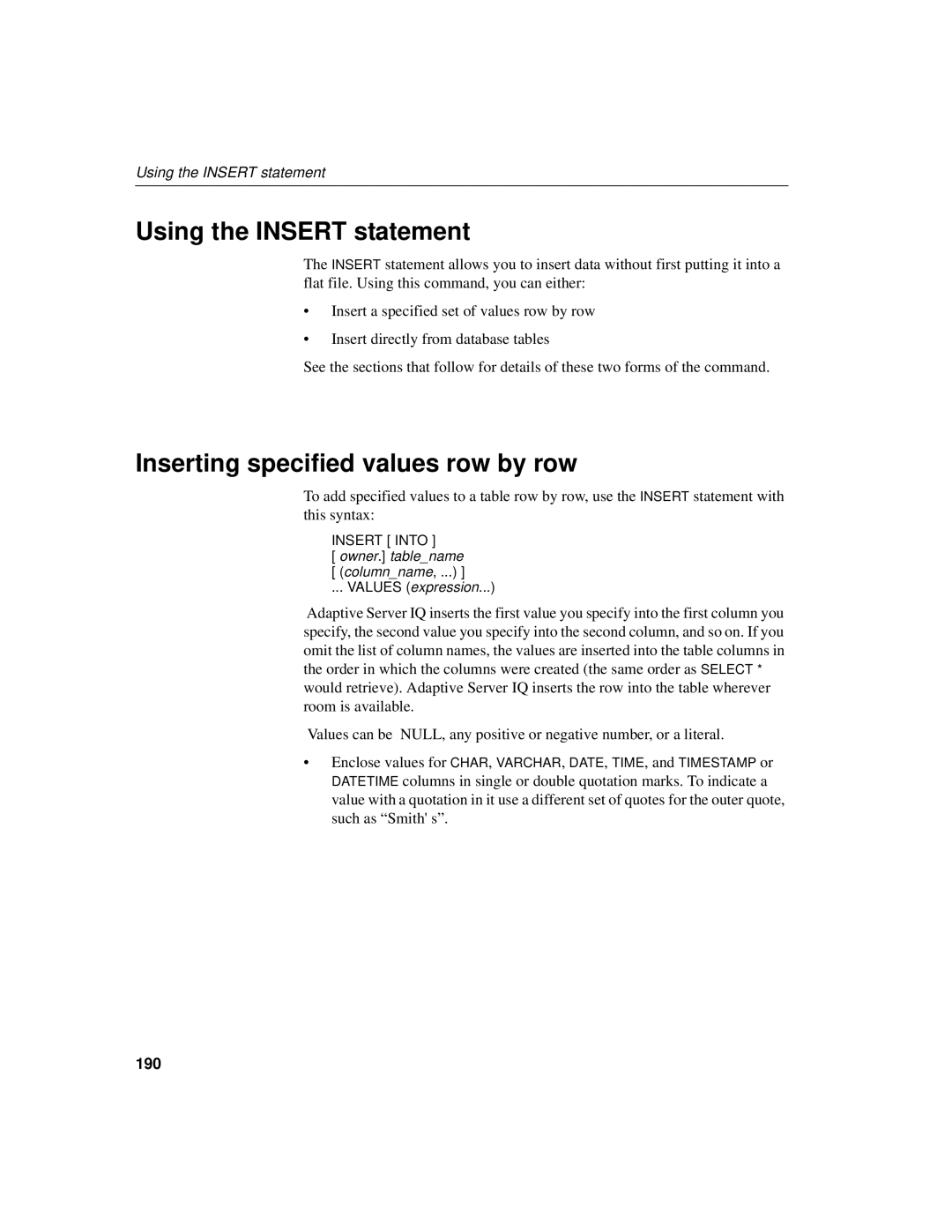 Sybase 12.4.2 manual Using the Insert statement, Inserting specified values row by row, 190 