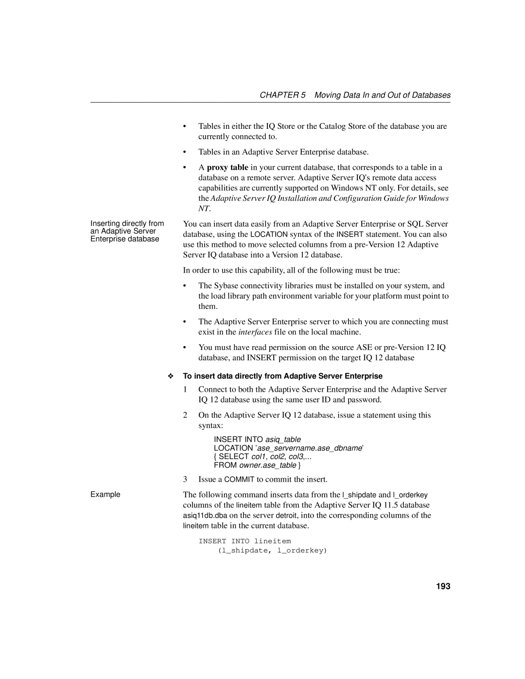 Sybase 12.4.2 manual Issue a Commit to commit the insert, Lineitem table in the current database, 193 