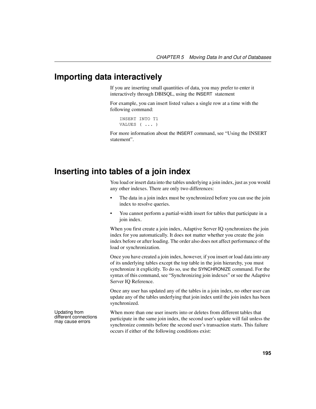 Sybase 12.4.2 manual Importing data interactively, Inserting into tables of a join index, 195 