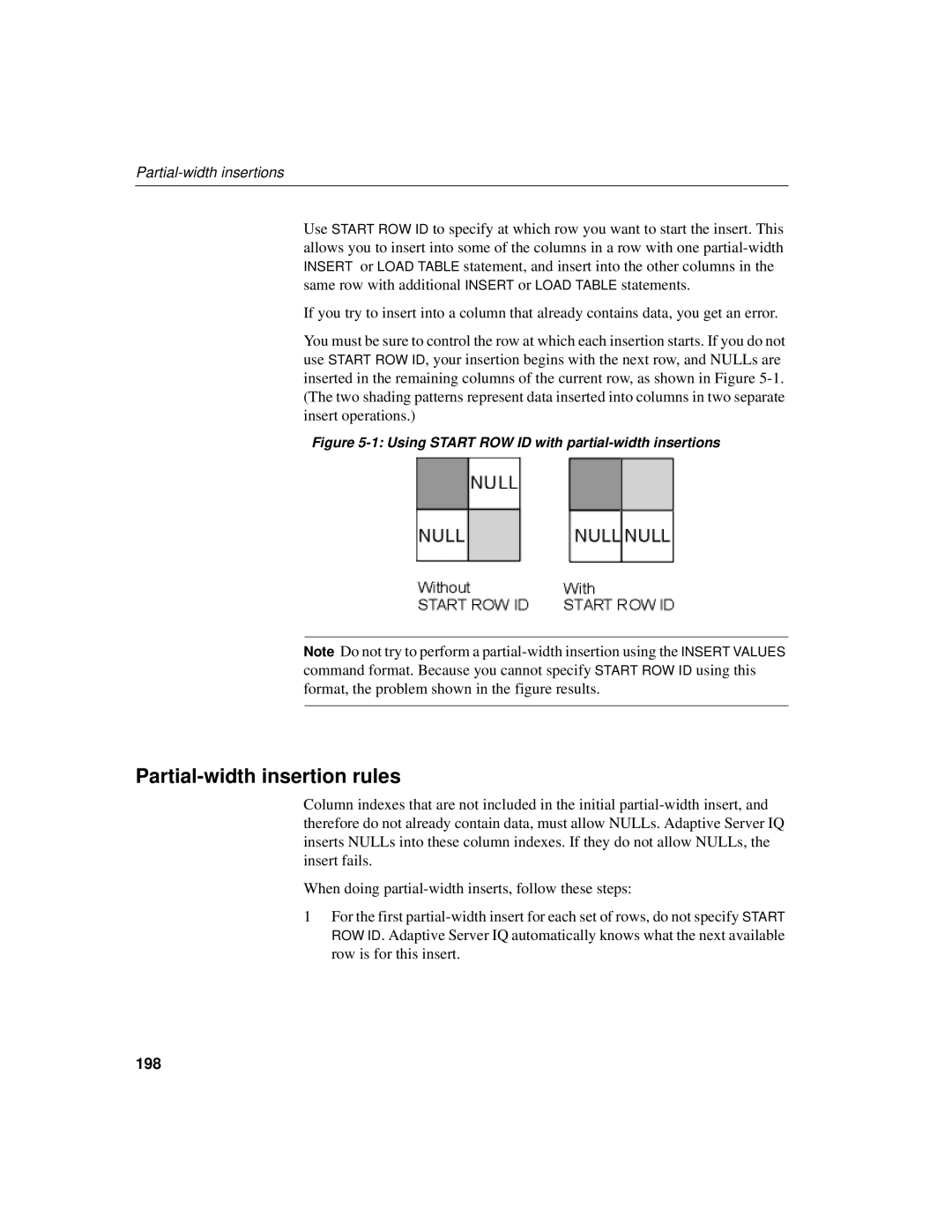 Sybase 12.4.2 manual Partial-width insertion rules, Partial-width insertions, 198 