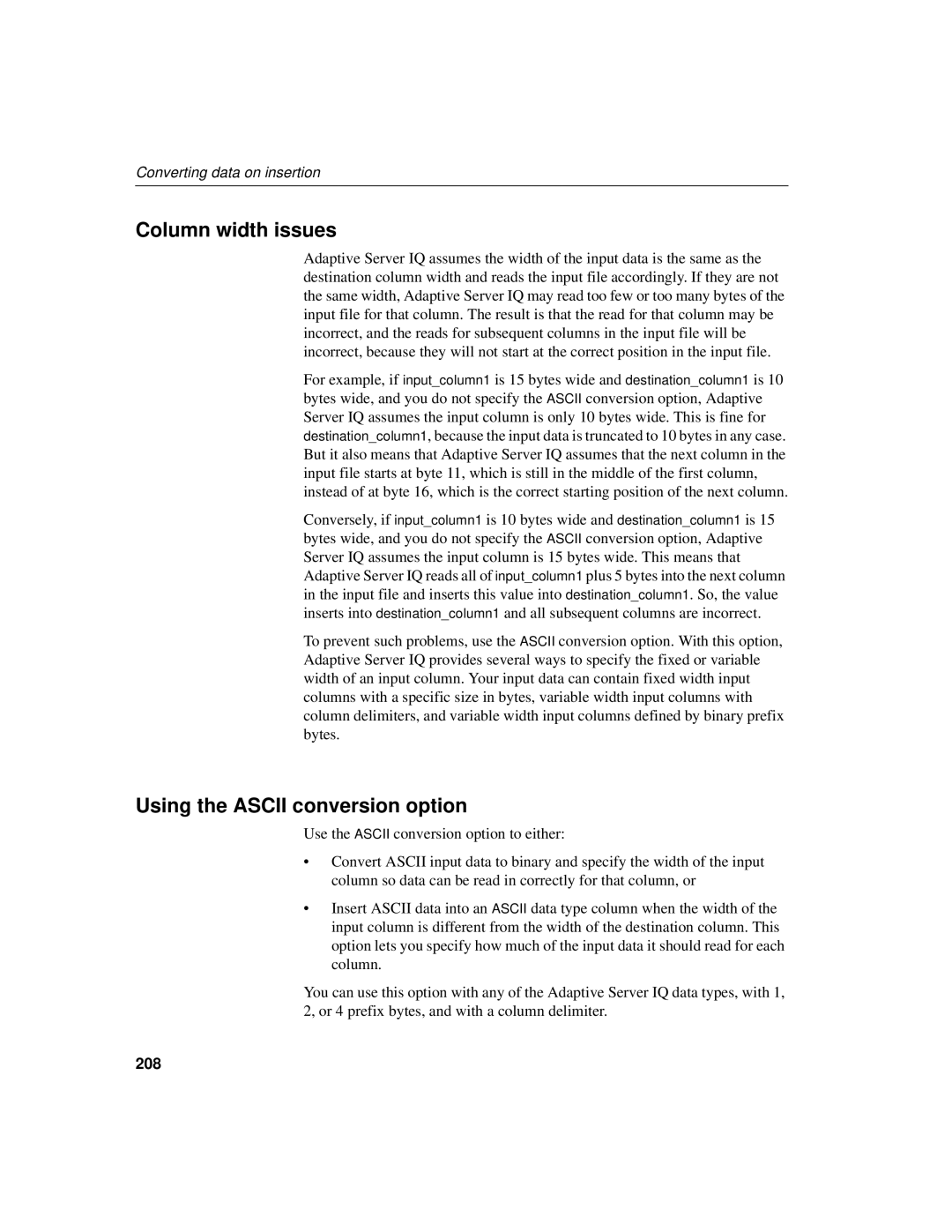 Sybase 12.4.2 manual Column width issues, Using the Ascii conversion option, 208 