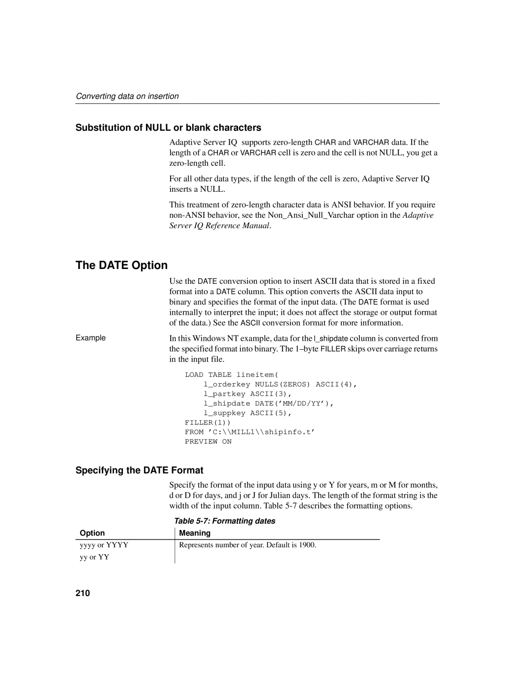 Sybase 12.4.2 manual Date Option, Substitution of Null or blank characters, Specifying the Date Format, 210 