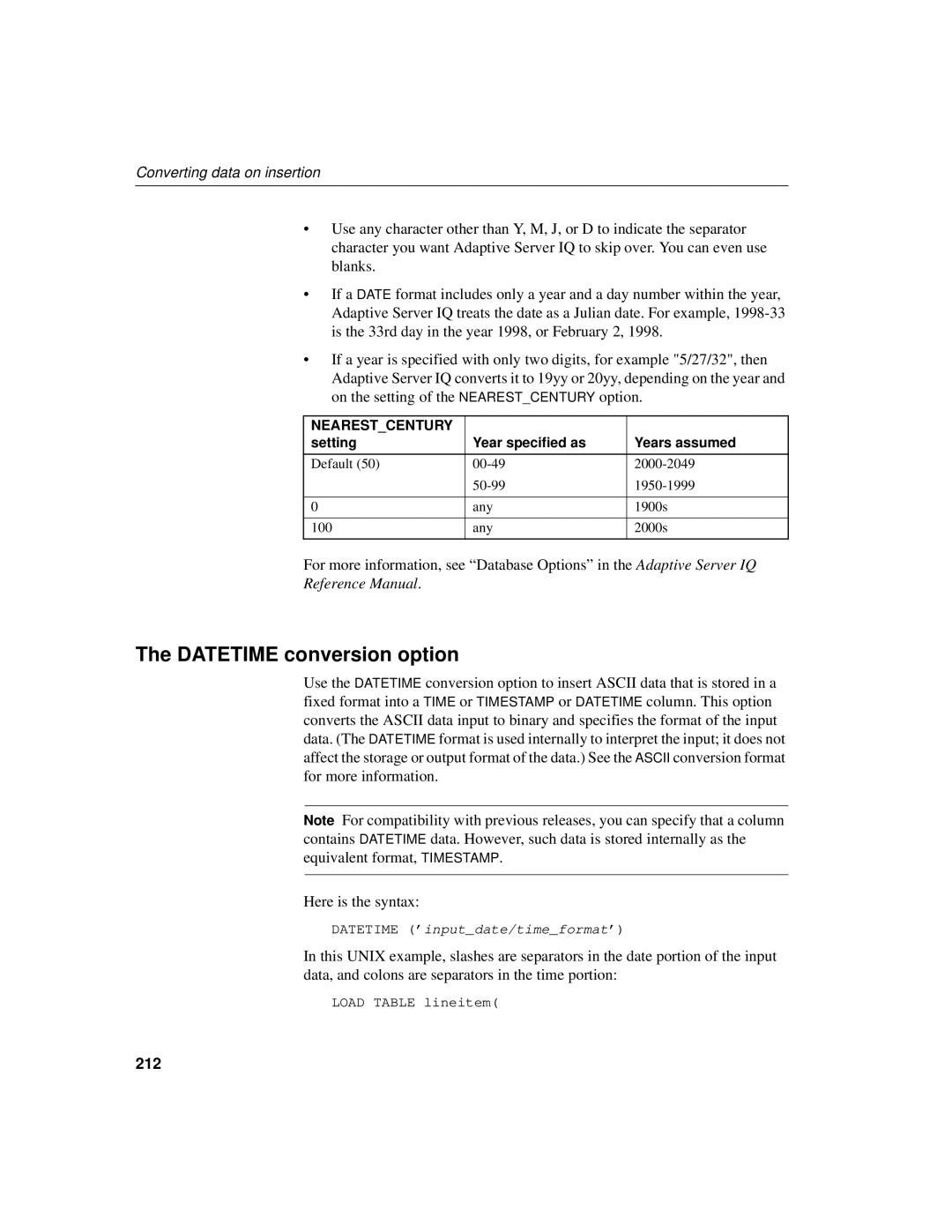 Sybase 12.4.2 manual Datetime conversion option, 212, Setting Year specified as Years assumed 