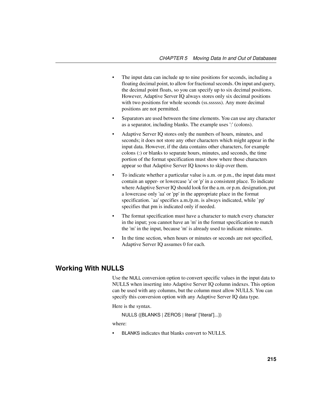 Sybase 12.4.2 manual Working With Nulls, Where Blanks indicates that blanks convert to Nulls, 215 