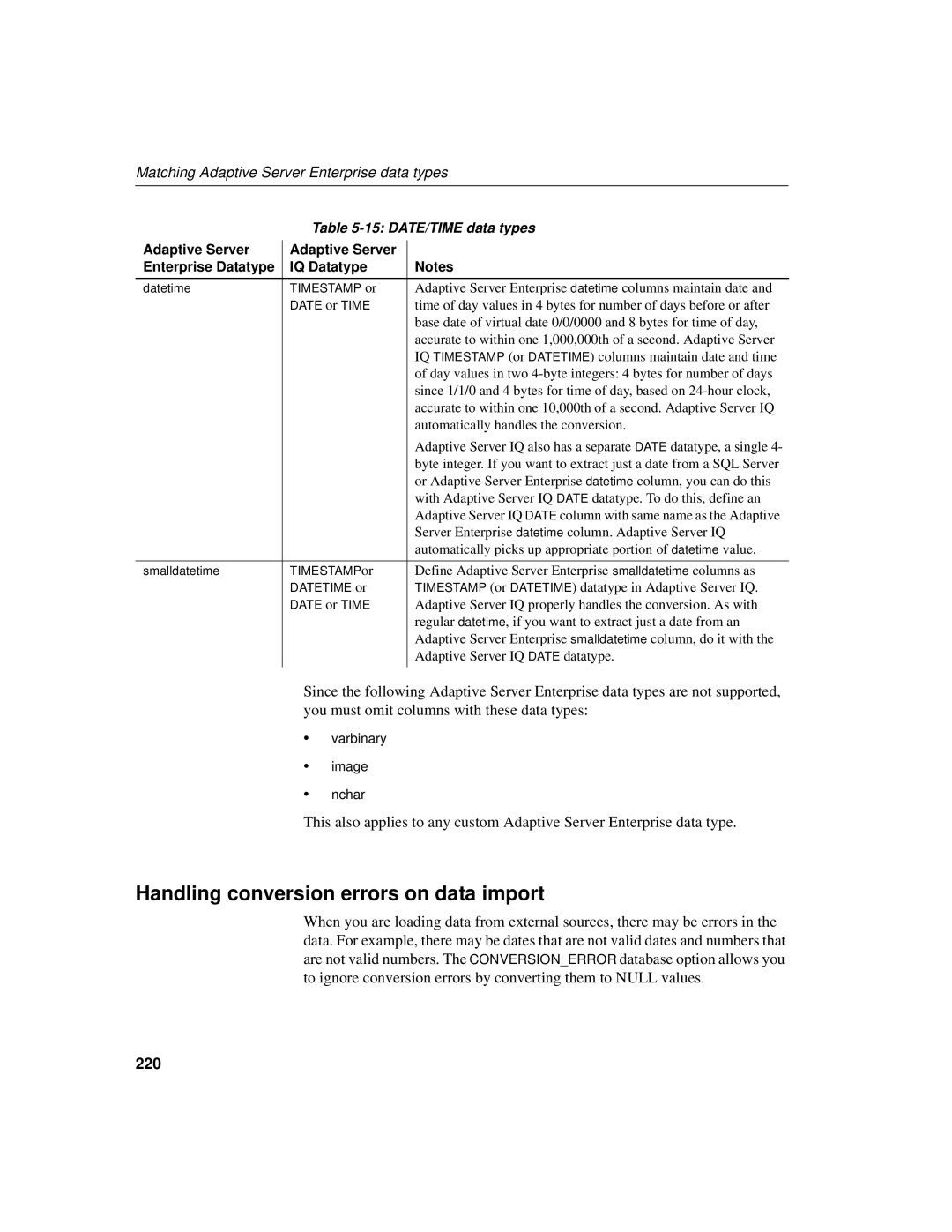 Sybase 12.4.2 manual Handling conversion errors on data import, 220, DATE/TIME data types 