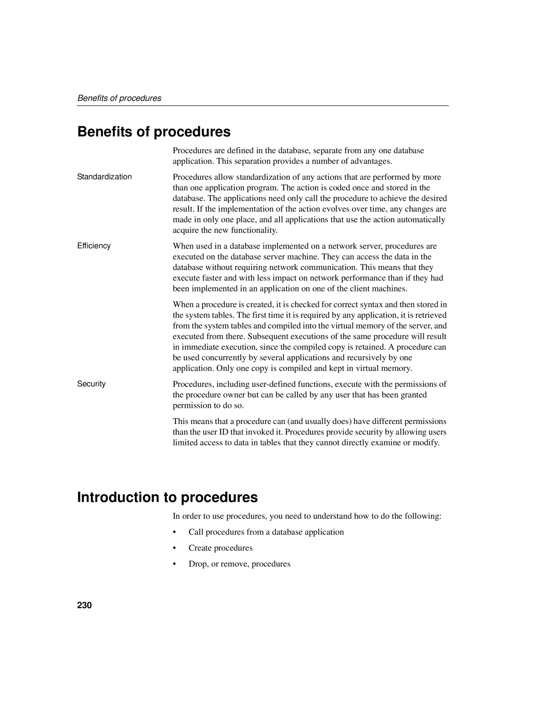 Sybase 12.4.2 manual Benefits of procedures, Introduction to procedures, 230 