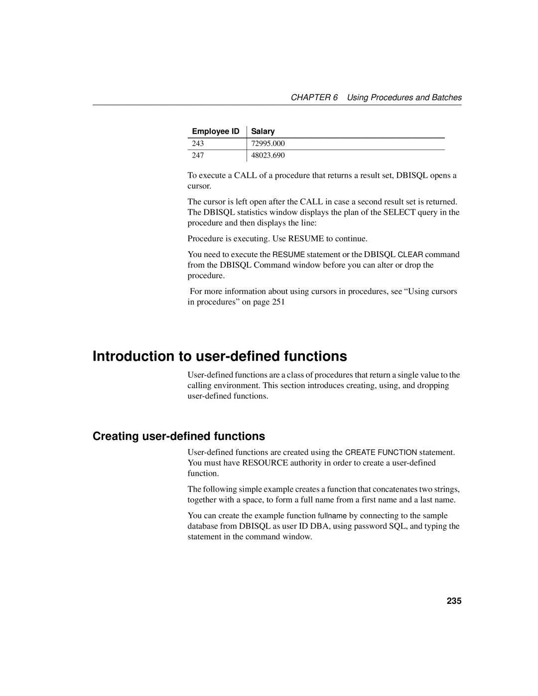 Sybase 12.4.2 manual Introduction to user-defined functions, Creating user-defined functions, 235 