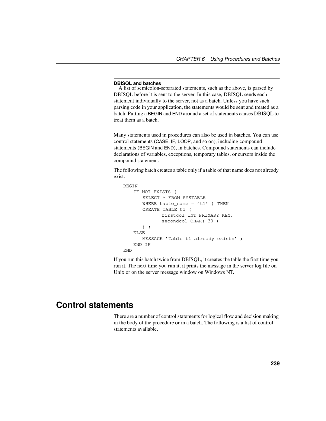 Sybase 12.4.2 manual Control statements, 239, Dbisql and batches 