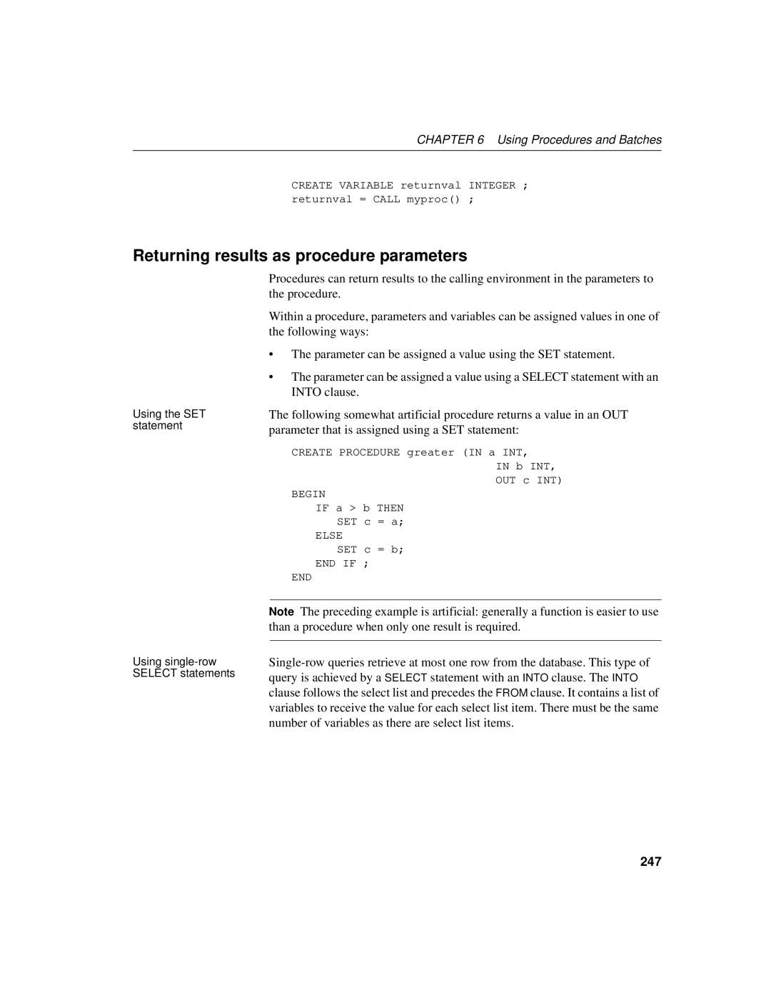 Sybase 12.4.2 manual Returning results as procedure parameters, 247 