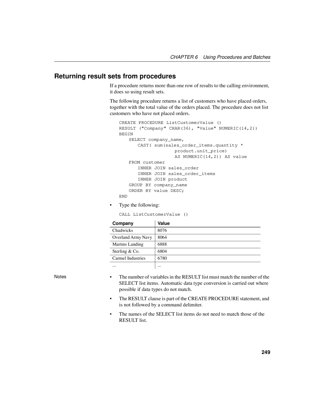 Sybase 12.4.2 manual Returning result sets from procedures, 249 