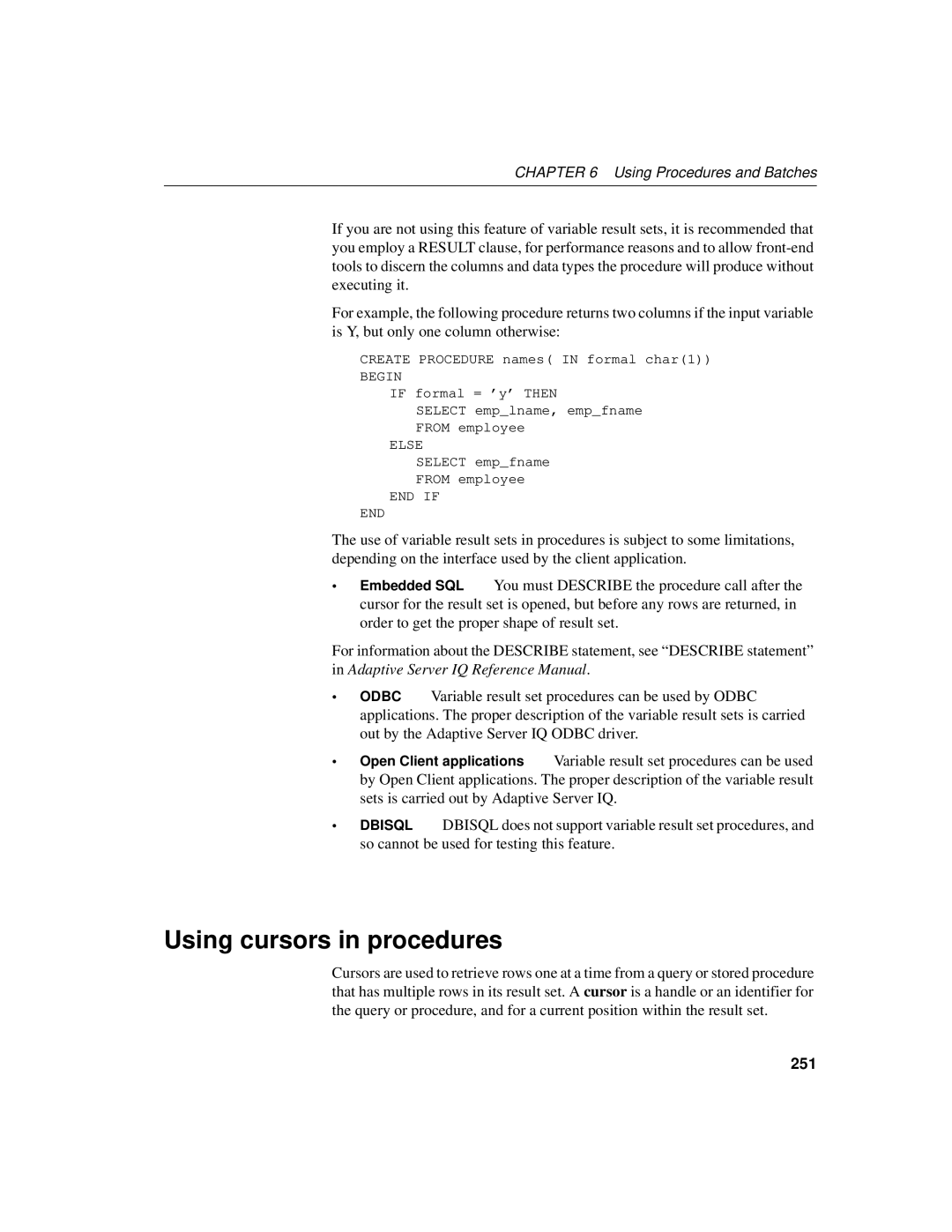 Sybase 12.4.2 manual Using cursors in procedures, 251 