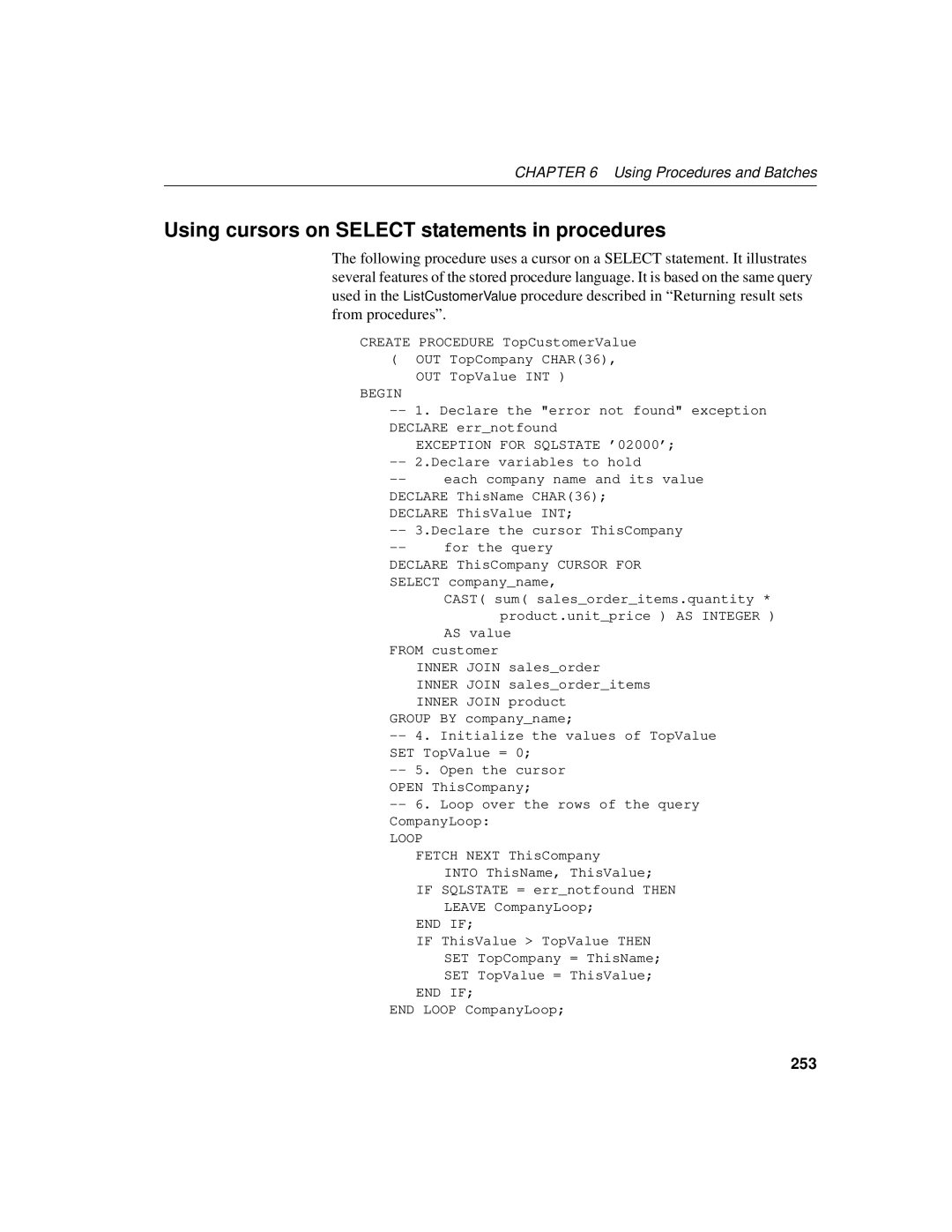 Sybase 12.4.2 manual Using cursors on Select statements in procedures, 253 