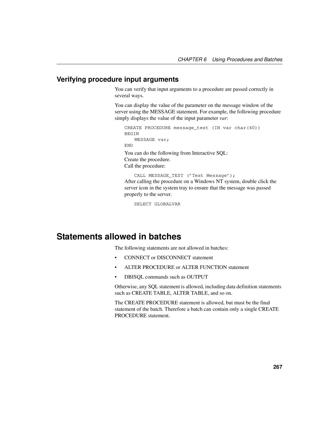 Sybase 12.4.2 manual Statements allowed in batches, Verifying procedure input arguments, 267 