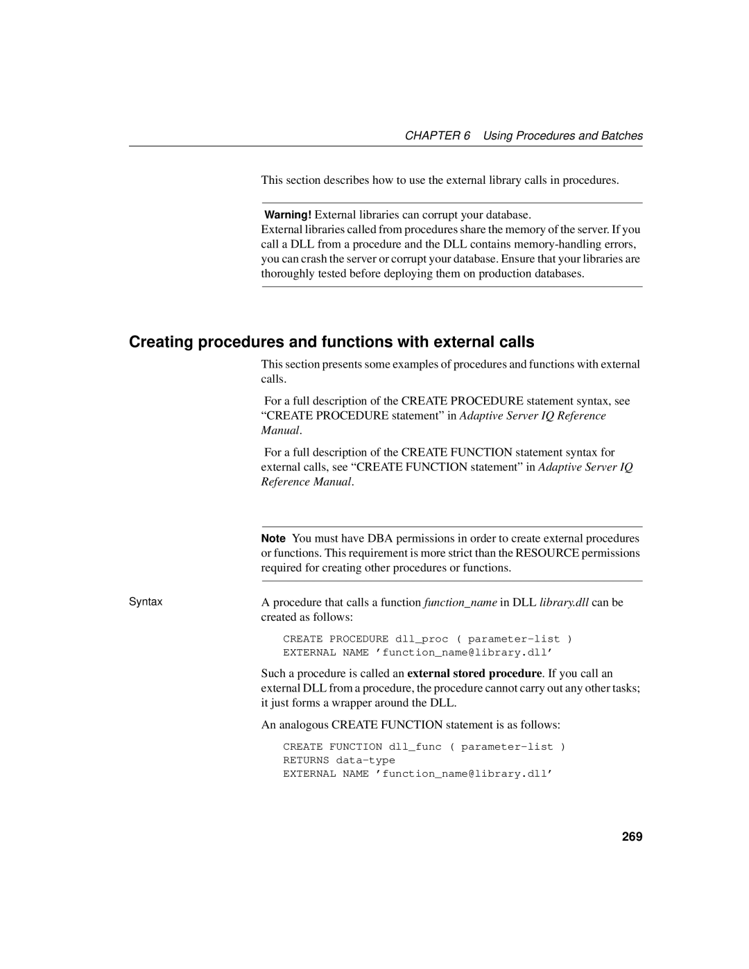 Sybase 12.4.2 manual Creating procedures and functions with external calls, 269 