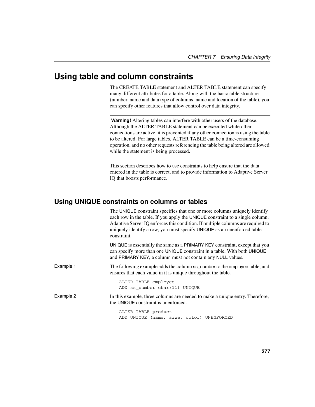 Sybase 12.4.2 manual Using table and column constraints, Using Unique constraints on columns or tables, 277 